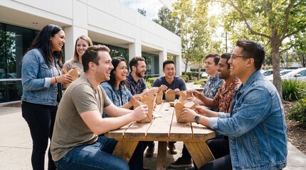 A group of diverse professionals enjoy an outdoor lunch break, laughing and sharing moments of camaraderie around a rustic picnic table, fostering connections in the refreshing ambiance.