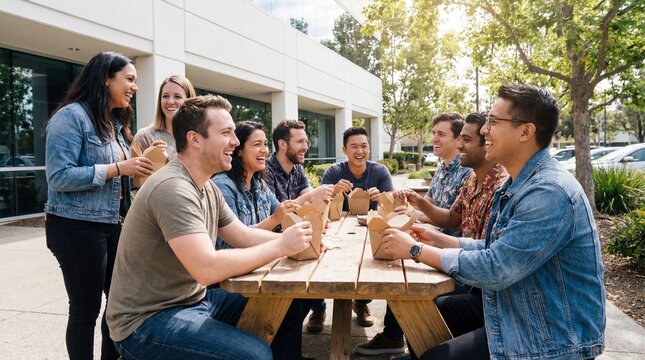 A group of diverse professionals enjoy an outdoor lunch break, laughing and sharing moments of camaraderie around a rustic picnic table, fostering connections in the refreshing ambiance. - Powered by Adobe