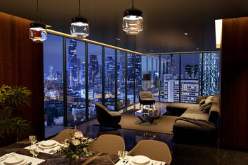 Ultra-luxurious, dark, and modern living and dining room with stunning panoramic city skyline view at night 3d render