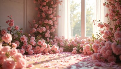 Soft pink roses fill room corner near window. Petals rubbish wooden floor, creating romantic scene. Rich floral decor adds natural elegance. Sunlight streams through sheer curtains.