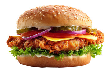 Crispy fried chicken burger with cheese lettuce tomato onion pickles and sesame bun sandwich
