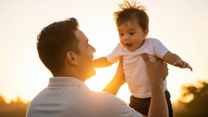 man lifting an excited baby at golden hour. Father and child bonding during sunset. Happy family portrait, childcare concept.