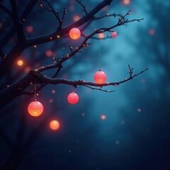 Crisp air, glowing orbs suspended in twilight branches, picture, crisp