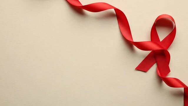A symbol of hope: a flowing red satin ribbon, representing awareness and solidarity, elegantly dd on a neutral background.