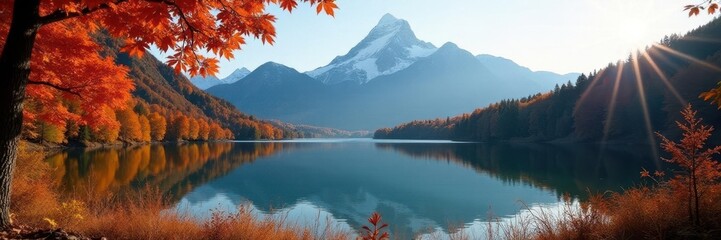 Crisp autumn leaves frame Dove Lake with Cradle Mountain rising majestically, colours, Tasmania, image
