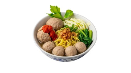 Authentic Bakso Delight: A close-up of Indonesian Meatball Soup with Noodles and Fresh Greens tantalizing dish showcasing rich flavors