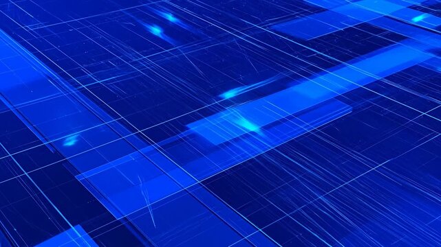 A vibrant digital artwork featuring geometric shapes and light trails against a deep blue background