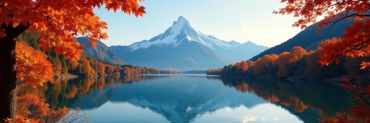 Crisp autumn leaves frame Dove Lake with Cradle Mountain rising majestically, scenery, travel