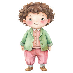 Cute watercolor illustration of a little boy with black curly hair smiling happily vector