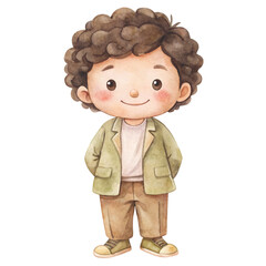 Cute watercolor illustration of a little boy with black curly hair smiling happily vector