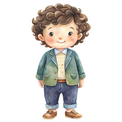 Cute watercolor illustration of a little boy with black curly hair smiling happily vector