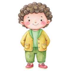 Cute watercolor illustration of a little boy with black curly hair smiling happily vector
