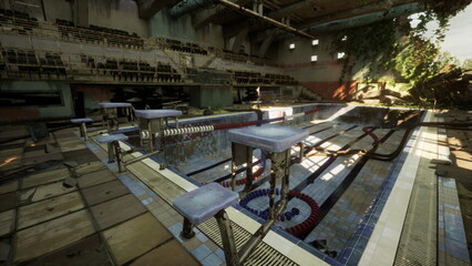 Scattered sunlight illuminates an empty swimming pool in a dilapidated gymnasium where nature slowly takes over. Overgrown plants and peeling walls tell a story of neglect and time.