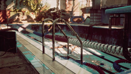 Rusted ladders and empty lanes showcase an abandoned pool area filled with the echoes of past joy. Overgrown plants hint at nature reclaiming this once vibrant space during golden hour.