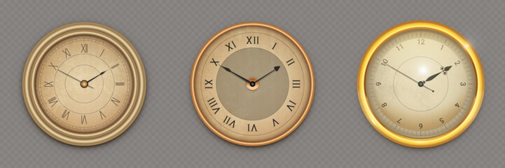 Elegant vintage clock with golden frame and classic Roman numerals. Antique wall timepiece with luxury Victorian design and traditional dial face. Decorative vintage clock in rich metallic finish.