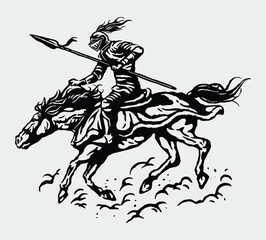 A fierce knight charges forward on horseback with a spear in hand, captured in expressive bold vintage strokes.