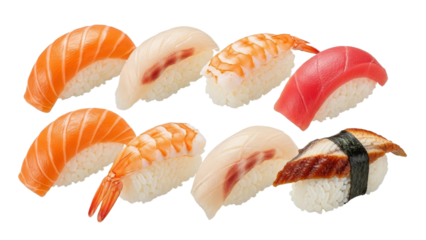 Delicate Nigiri Sushi Assortment: A Vibrant Display of Fresh Fish and Rice, Ready to be Served Isolated on White
