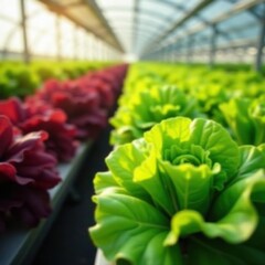 Crisp lettuce leaves flourish in a hydroponic greenhouse setting , row, agriculture, farming
