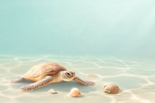 Tranquil underwater world with sea turtle and shells for nature design