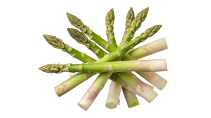 A cluster of fresh asparagus spears showcasing vibrant green tips against a pristine white backdrop emphasizing naturalness and culinary appeal