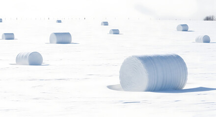 Round hay bales covered in fresh white snow in a vast, serene winter field.