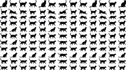 Cat silhouette pattern collection, black feline icons, walking sitting poses, domestic pet shapes, seamless design, animal illustration, white background © Creative Asif