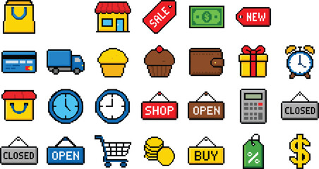 Pixel art shopping icons set, ecommerce store elements, sale tags, payment symbols, retail business concept, colorful 8 bit illustration