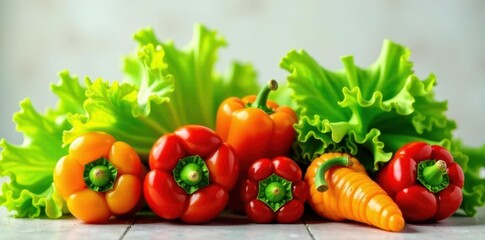 Crisp lettuce, vibrant veggies, colorful peppers arc gracefully , greens, lettuce, food photography
