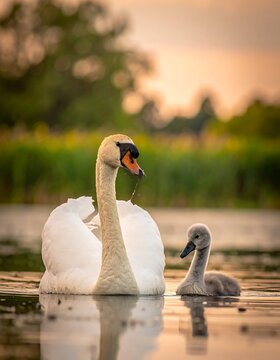 An adult swan and cygnet gracefully float on water. Soft background reveals reeds, trees and dusk's glow, creating a serene scene