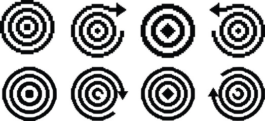 Pixel art abstract circular arrow icons set, rotation reload target symbols, minimal black white geometry, retro UI illustration