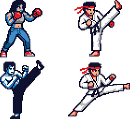 Obraz premium Pixel art martial arts fighters character set, karate and kickboxing action poses, combat sprites, retro arcade fighting game illustration assets