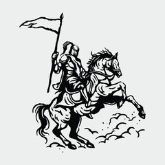 A proud medieval knight carries a flag while riding a horse, symbolizing victory and honor in a classic bold design.
