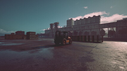 A forklift moves around an industrial yard filled with wooden pallets and crates. The setting sun casts a dramatic light, illuminating the warehouse in the background and the wet ground. © icetray