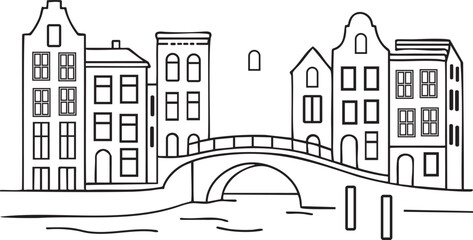 Naklejka premium Black and white line art illustration of canal houses and arched bridge architecture building