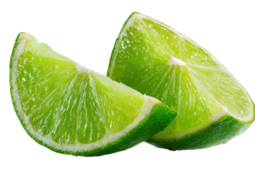 Two bright green lime wedges with visible juicy pulp and white pith citrus fruit