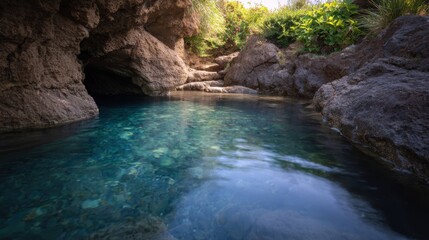 Crystal clear water in a rocky cave