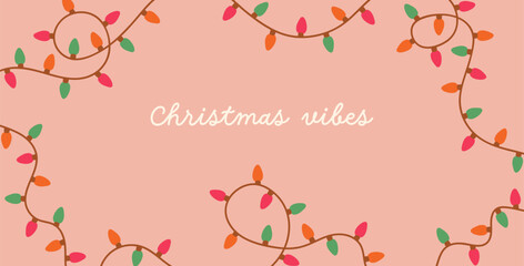 Fototapeta premium Christmas background with retro light garland frame and festive greeting typography. Winter holiday banner design with Xmas and New Year decoration, lightbulbs adornment. Flat vector illustration