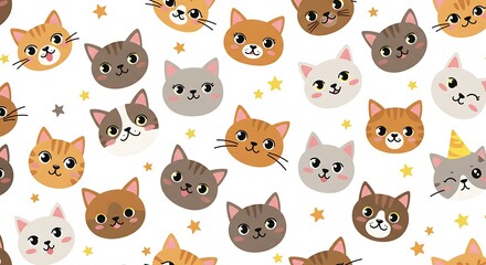 Fototapeta premium Adorable cartoon cat faces with star accents scattered across a white background