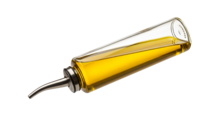 Golden liquid inside clear glass container with metallic dispenser showcases culinary preparation or gastronomic presentation elegantly isolated