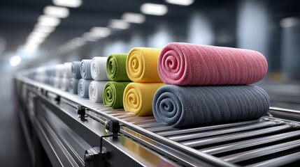 Colorful towels glide on a conveyor belt in a bright laundry, evoking a sense of freshness