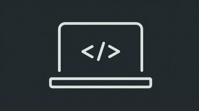 Minimalist icon of a laptop with code symbols on dark background