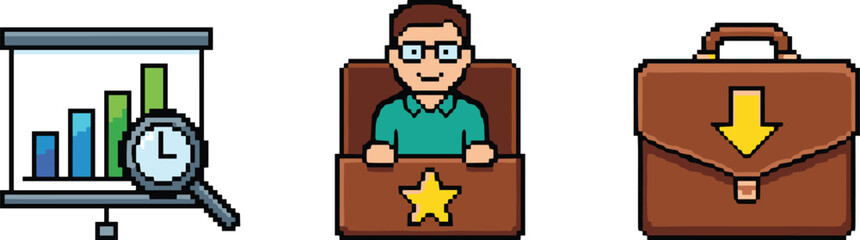 Pixel art business analytics presentation employee profile dashboard and briefcase download icons for management workflow isolated on white background