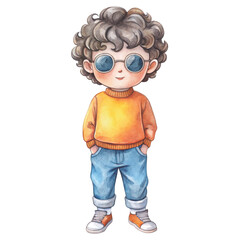 Cute watercolor illustration of a little boy with curly brown hair, and stylish round sunglasses vector