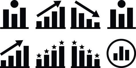 Business growth and decline bar chart icons, financial performance analytics symbols, statistics visualization, marketing data analysis, success rating infographic illustration
