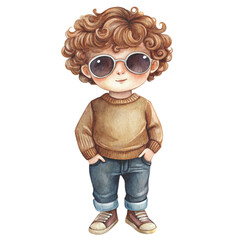 Cute watercolor illustration of a little boy with curly brown hair, and stylish round sunglasses vector
