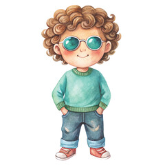Cute watercolor illustration of a little boy with curly brown hair, and stylish round sunglasses vector