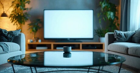 Fototapeta premium Modern living room interior. Sofas face television. Plants add life, creating cozy atmosphere. Minimalist design, neutral tones dominate space.