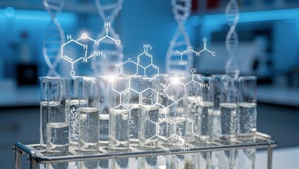 Laboratory Glassware with Chemical Formulas and DNA Structure Overlay Represents Biotechnology, Medical Research, and Genetic Engineering