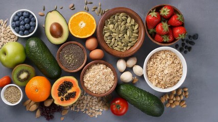 Colorful and Nutritious Fresh Whole Foods Display, Essential for a Balanced Diet and Promoting Overall Health and Wellness