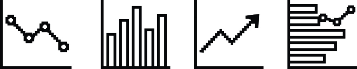 Minimal line chart analytics icons set, data visualization graphs, business statistics growth trends, monochrome outline infographic illustration